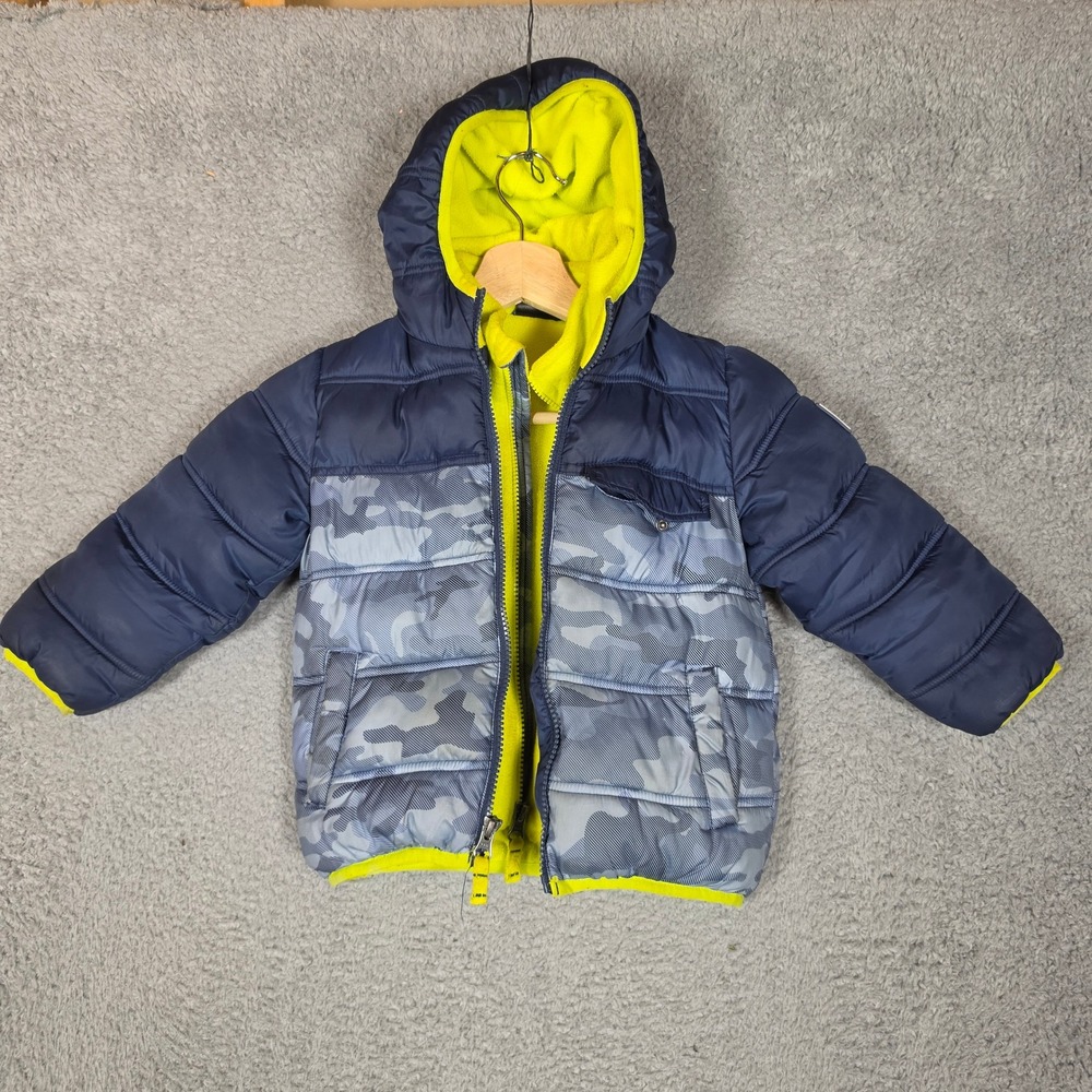 Snozu Puffer Jacket Kids 3T Blue Grey Excellent Camo Fleece Lined Hooded 8334 D7